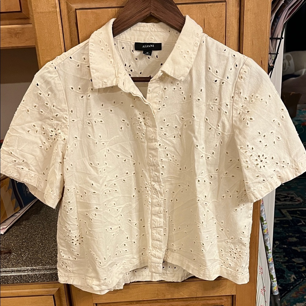 Alfani Cream Collared Short Sleeve Collared Eyelet Top